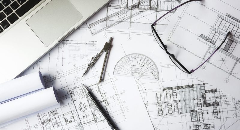 Image of engineering objects on workplace top view.Construction Image of engineering objects on workplace top view.Construction concept. Engineering tools.Vintage tone retro filter effect,soft focus(selective focus)