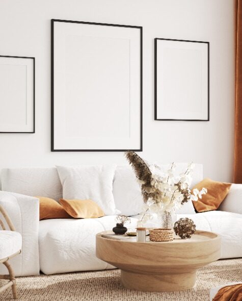 Mock up frame in cozy home interior background, coastal style living room, 3d render